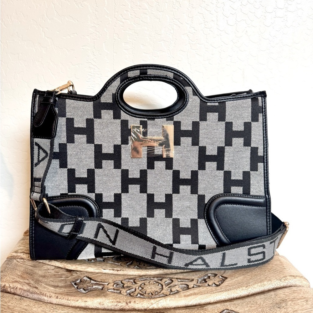 Halston Monogram Tote Bag Purse Grey Black